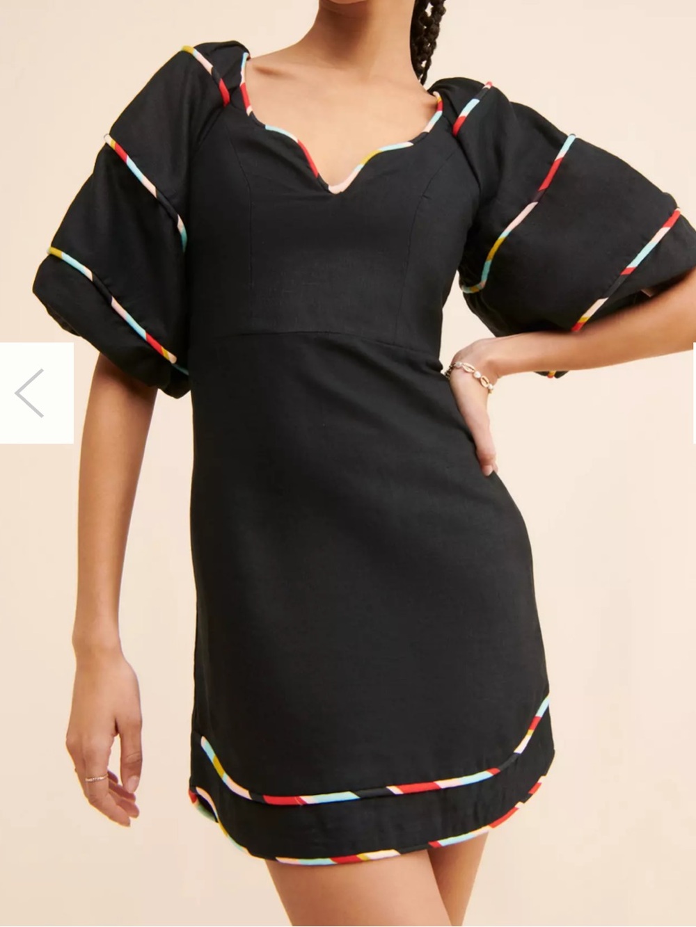 Farm Rio Black Puff-Sleeve Mini Dress with Multicolor Trim